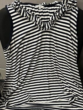 crown & ivy Black and White Striped Ruffle Neck Tank